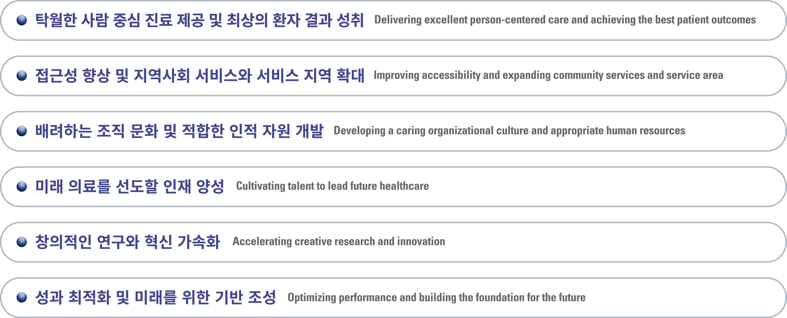 탁월한 사람 중심 진료 제공 및 최상의 환자 결과 성취, 접근성 향상 및 지역사회 서비스와 서비스 지역 확대, 배려하는 조직 문화 및 적합한 인적 자원 개발, 미래 의려를 선도할 인재 양성, 창의적인 연구와 혁신 가속화, 성과 최적화 및 미래를 위한 기반 조성